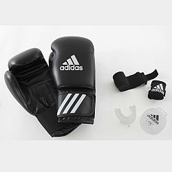 ADIDAS Detská súprava na box pre začiatočníkov: rukavice, bandáž, chránič zubov čierna 8 oz