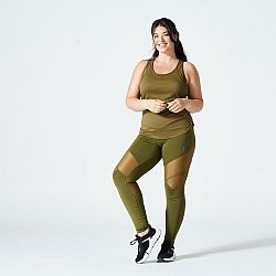 DOMYOS Dámske legíny s vysokým pásom z 2 materiálov na kardio fitnes kaki khaki S (W28 L31)