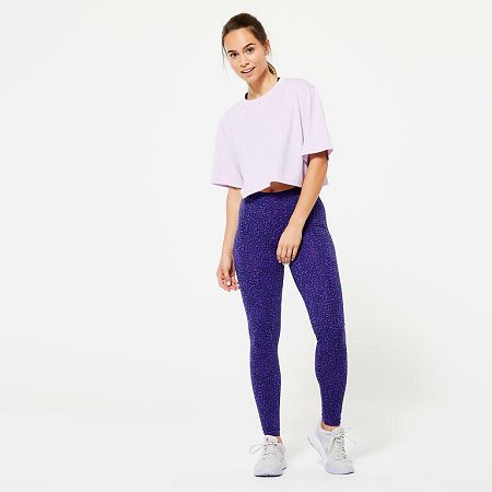 DOMYOS Dámske legíny na fitnes Slim Fit+ 500 s potlačou modré S (W28 L31)